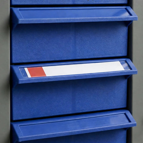 Close-up of Heavy Duty 48 Drawer Steel Parts Cabinet with ABS drawers and clear labels
