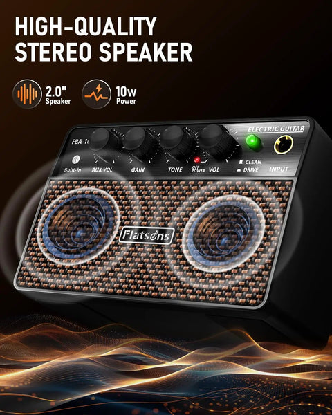 Compact 10W Guitar Amp With Clean And Drive Channel USB C Rechargeable Wireless Portable Practice Amp For Home And Travel Three Point Five Millimeter Headphone And Aux Jack Rich Analog Tone For Indoor Jams showing front view, controls, and design