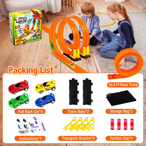 Children playing with Flexible Roll Up Race Track for Kids Outdoor Toys Portable DIY Race Car Track Lets 1 64th Diecast Cars Race Anywhere