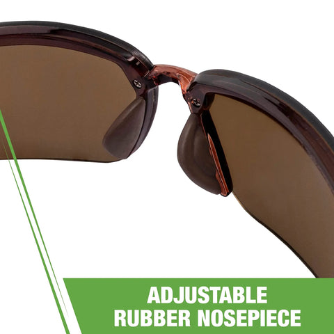 Close-up of brown mirror safety glasses with adjustable rubber nosepiece, part of frameless design for comfort.