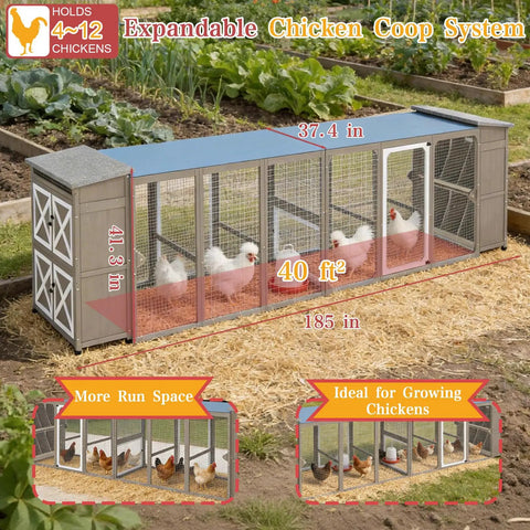 Expandable chicken coop system for 4 to 12 chickens, with metal mesh run, asphalt roof, and lockable doors in a garden setting.