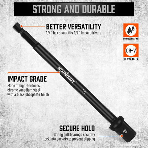 Impact Drill Socket Adapter Set with Universal Joints, 1/2 inch chrome vanadium steel, durable finish, secure hold, for power drills.
