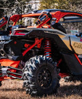 Heavy Duty Round Tube Rear Radius Arms Kit For Can Am Maverick X3 72 Inch Turbo RC MR RS MAX Complete 6 Rod Kit Black With Beefed Up Pivot Joints And Heavy Duty Frame Mounts installed on Can-Am Maverick X3 rear suspension