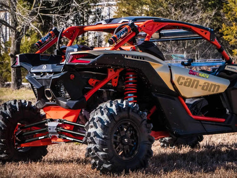 Heavy Duty Round Tube Rear Radius Arms Kit For Can Am Maverick X3 72 Inch Turbo RC MR RS MAX Complete 6 Rod Kit Black With Beefed Up Pivot Joints And Heavy Duty Frame Mounts installed on Can-Am Maverick X3 rear suspension