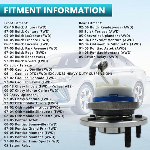 Fitment information for Wheel Bearing Hub Assembly 513121 Front And Rear Set For Chevrolet Impala and other GM cars with image of hub.
