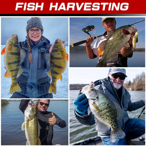 Various anglers showcasing large catches, using Two Piece Telescopic Carbon Fiber Fishing Rod And Reel Set With Two Spinning Reels.