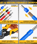 Ultimate 2180 Piece Ferrule Crimping Tool Kit For Wiring Pros And Gearheads showing crimping steps with tools and wires.