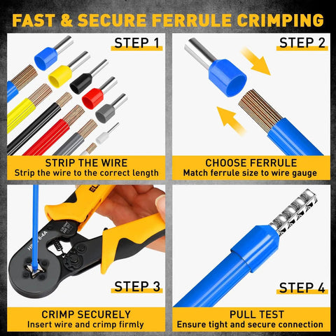 Ultimate 2180 Piece Ferrule Crimping Tool Kit For Wiring Pros And Gearheads showing crimping steps with tools and wires.
