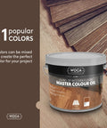 Master Color Oil Plant Based Stain And Finish For Wood Furniture Floors Trim And Cabinets 2.5L with color samples.