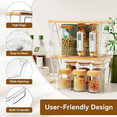 Stackable Pantry Organizers With Bamboo Lids And Clear Bins For Fruits And Vegetables Extra Large Capacity Home Storage with user-friendly design.