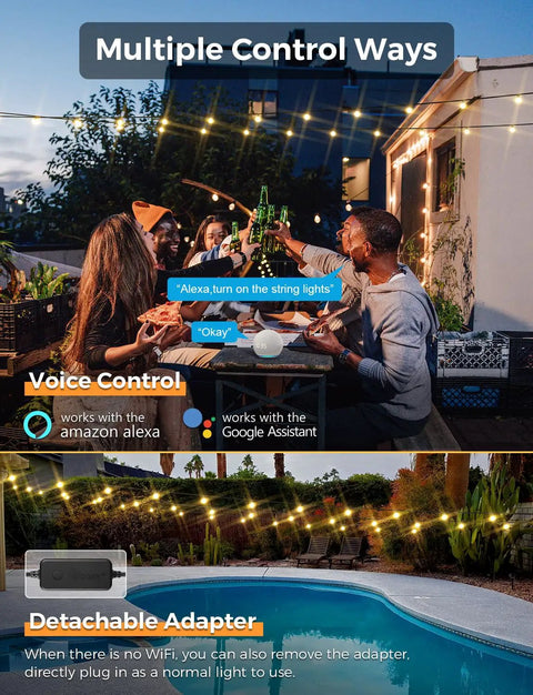 Smart Outdoor String Lights 150Ft G40 Globe Bulbs With 75 LEDs, WiFi App Control, Alexa Enabled over patio gathering