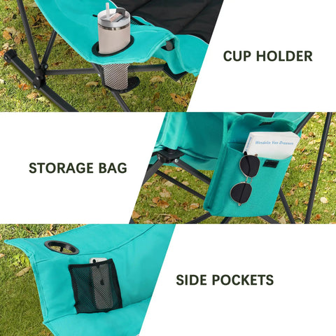 Oversized Rocking Camping Chair With Headrest And Cup Holder 300 Lb Capacity 600D Oxford Fabric features cup holder and pockets
