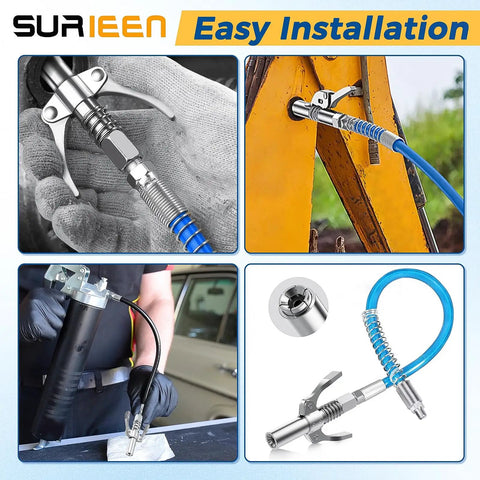 Grease Gun Tips And Couplers Kit With 90 Degree Adapter And 6 Prong Dual Handle Connector, Needle Tip Dispenser, Leak Proof Design in use.