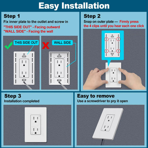 Installation steps for No Fuss Screwless 1 Gang Wall Plate Receptacle Cover Set 8 Pack Hidden Screws Glossy White Finish