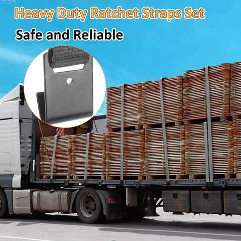 Heavy Duty 4 Pack 2 Inch Ratchet Straps With Durable Flat Hooks For Secure Cargo Tie Downs On Trucks And Flatbeds Deliver Rock Solid Hold When You Gotta Lock Down Gear During Moves Or Serious Highway Hauls In Stealth Black, shown securing lumber on a truck.