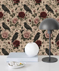 Peel And Stick Wallpaper Featuring Crow And Floral Design Self Adhesive Wallcovering For Fast Room Refresh with roses and crows.
