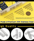 Front view: Mardatt 240-piece stainless steel compression springs assortment kit in case; 4–6 mm OD, 10–50 mm length.