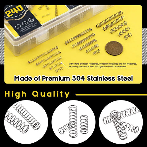Front view: Mardatt 240-piece stainless steel compression springs assortment kit in case; 4–6 mm OD, 10–50 mm length.