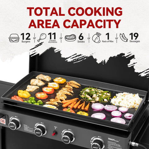 PD4001 4 Burner Propane Gas Griddle With Removable Cart That Converts To Tabletop In Seconds showing food cooking variety