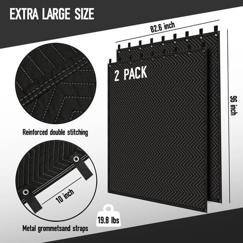 Heavy Duty Sound Dampening Blankets For Home Studio Delivering Hella Effective Noise Blocking Acoustic Coverage Sized To Cover Windows And Doors While Folding Flat For Easy Travel showing two pack of 96 by 82.6 inch black blankets with metal grommets.