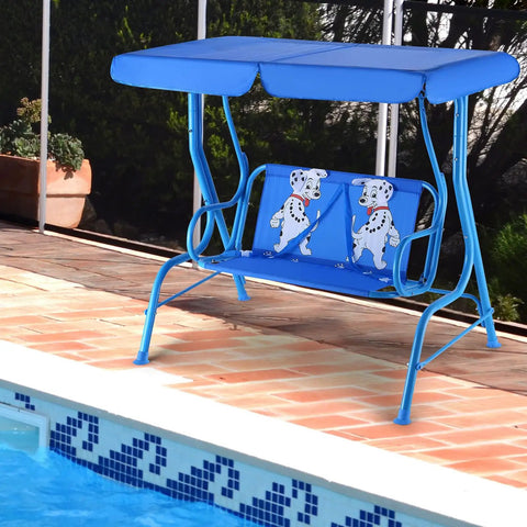 2 Seat Kids Patio Swing For Outdoor Fun And Chill With Adjustable Canopy And Safety Belt All Weather Waterproof Hanging Bench