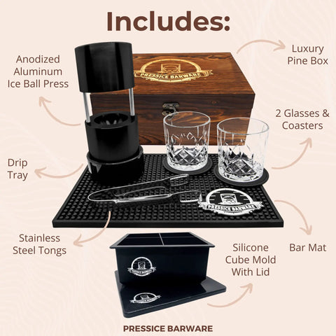 Ice Press Kit For Craft Cocktails To Level Up Your Home Bar With 2.3 Inch Sphere Ice Maker, Aircraft Grade Aluminum Press.