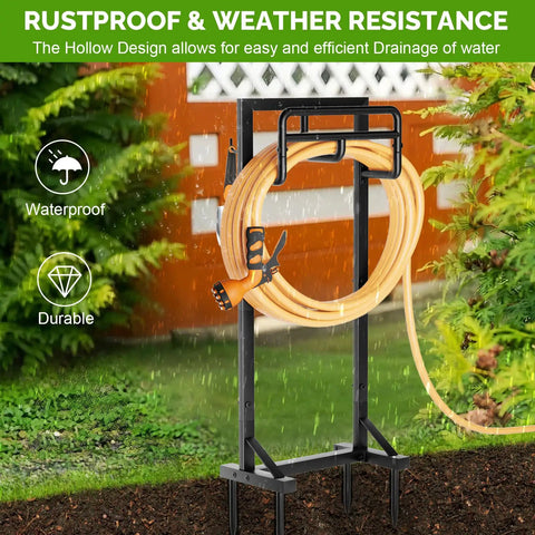 Heavy Duty Freestanding Garden Hose Holder With Stable Base And Tool Hooks, Rustproof Metal Hose Storage Stand, Black Finish