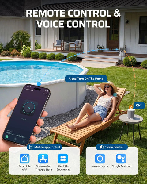 Smart WiFi Pool Timer With No Sweat Plug And Play Design Effortless Phone App Control For Heavy Duty 20 Amp Pool Pumps And Outdoor Yard Automation Nema L5 To 20R Outlet Adapter displayed with mobile app and voice control features.