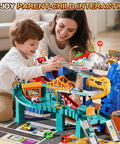 Child and parent playing with Dinosaur Race Car Tracks for Toddlers and Kids Aged 3 to 8 with dinosaur climbing hills and ramps.