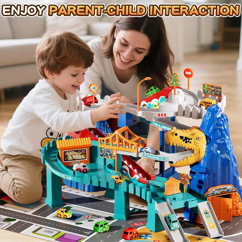 Child and parent playing with Dinosaur Race Car Tracks for Toddlers and Kids Aged 3 to 8 with dinosaur climbing hills and ramps.
