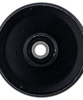 Flat Idler Pulley 2.5 Inch Outer Diameter For Troy Bilt Yard Machines Yard Man Wheel Trimmer Curb Hop 550 520 521 TBE550 Replacement Part Pro Grade Easy Install, black metal pulley front view