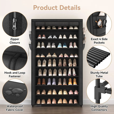 Knock Out Closet Chaos With This 10 Tier Tall Shoe Rack Featuring Dustproof Covers That Stores 40 Pairs Of Sneakers And Boots In One Sleek Vertical Organizer Made As A Straight Up Win For Any Entryway Or Dorm Room Needing Serious Organization Right Now. Close-up of shoe rack details including zipper close, fabric cover, and four side pockets.