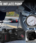 Close-up of 12V tire inflate pump feature from All In One 5 Ton 12V Electric Car Jack Kit With Hydraulic Floor Jack, showing gauge and compressor.