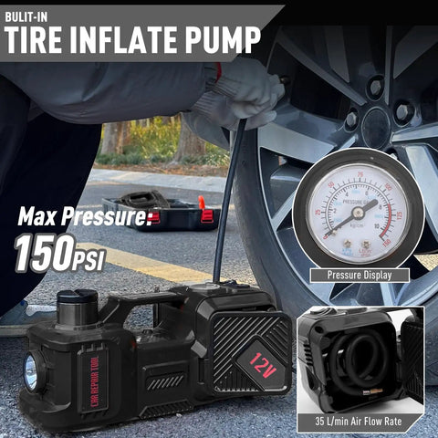 Close-up of 12V tire inflate pump feature from All In One 5 Ton 12V Electric Car Jack Kit With Hydraulic Floor Jack, showing gauge and compressor.
