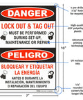 Front view of Durable 7 By 10 Inch Bilingual Lockout Tagout Sign made from polyethylene plastic with danger warnings in English and Spanish.