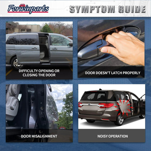 Symptom guide for Honda Odyssey sliding doors, showing issues like difficulty opening, misalignment, and noise.