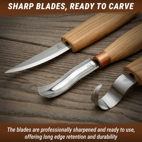 Sweet Complete Wood Spoon Carving Kit Featuring Razor Sharp Hook Knife Premium Sloyd Blade And Wide Bowl Gouge on wooden surface.