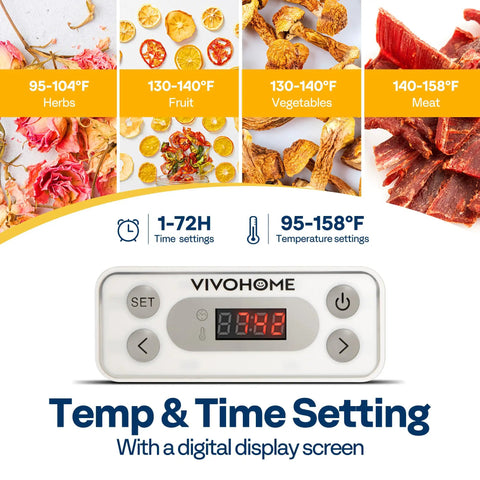 Electric Food Dehydrator With Five Spacious Trays And 400 Watts Of Steady Heat To Keep Snacks Crunchy And Fresh Without Any Fuss Featuring A No Hassle Digital Timer showing temperature and time settings.