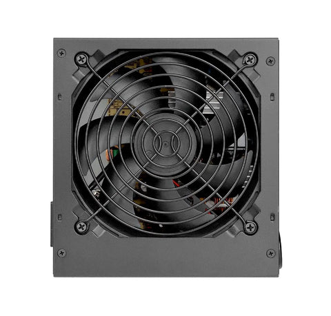 Beefy 600W ATX Power Supply With 80 Plus Certified Efficiency And Active PFC, fan grille view, ideal for gamers and builders.