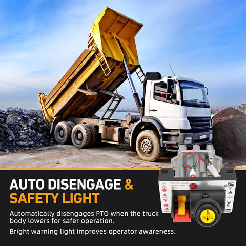 Dump truck with raised bed showing PTO Hoist Air Control Kit With Kickout And K90 Valve For Dump Trucks 10m Tube installed