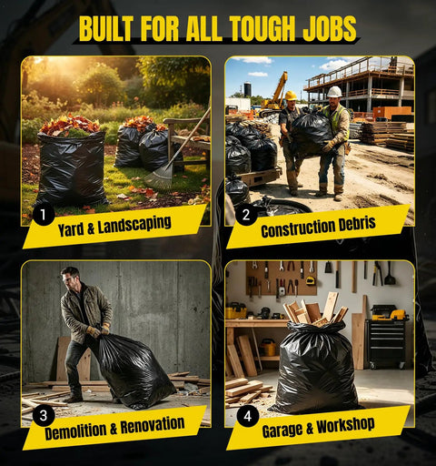 Four usage scenarios for Beefed-Up Heavy Duty 55 Gallon Contractor Garbage Bags 2 Mil Thick, Black, 30 Count, Tear Resistant
