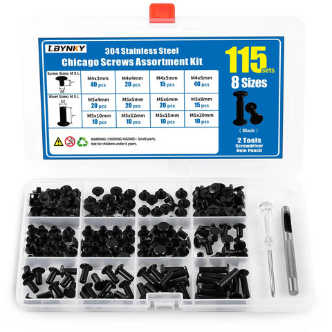 Heavy Duty Black Chicago Screws Kit For Leather Crafts, 115 Piece Set with various black screws and tools in organizer.
