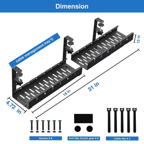Extendable Under Desk Cable Management Tray With Clamp No Drill Metal Cable Organizer dimensions and accessories