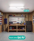 Garage with 8 Pack 4Ft LED Shop Lights With 2000LM 6500K Super Bright White, tools and workbench visible, ceiling installation.