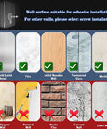 Wall types for Clear Acrylic Floating Shelves No Drill No Damage Wall Mounted No Mess 4 Pack, showing suitable and unsuitable surfaces