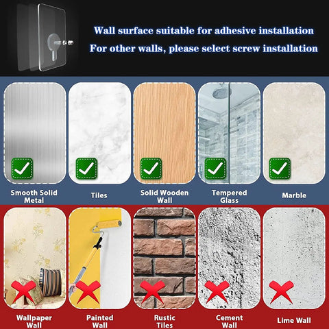 Wall types for Clear Acrylic Floating Shelves No Drill No Damage Wall Mounted No Mess 4 Pack, showing suitable and unsuitable surfaces