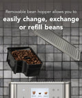Heavy Duty Stainless Steel Espresso Machine With Removable Bean Hopper And Auto Milk Frother Built To Last And Brews Like Butter For Any Home Barista Game Changer Setup, showing black bean hopper with coffee beans.