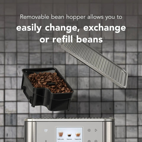 Heavy Duty Stainless Steel Espresso Machine With Removable Bean Hopper And Auto Milk Frother Built To Last And Brews Like Butter For Any Home Barista Game Changer Setup, showing black bean hopper with coffee beans.