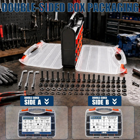 Hardcore Metric Flange Bolt Kit With Socket Wrench 716 Piece Hex Fastener Set Grade 10.9 in double-sided box packaging.