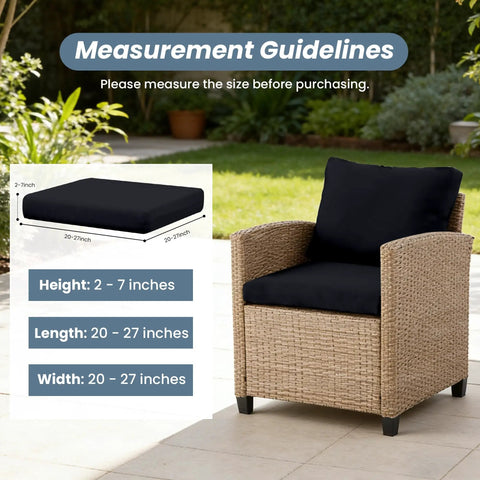 Outdoor chair with black 4 Pack Stretchy Outdoor Cushion Covers For Patio Furniture, Washable, Reusable Protector, size guide displayed.